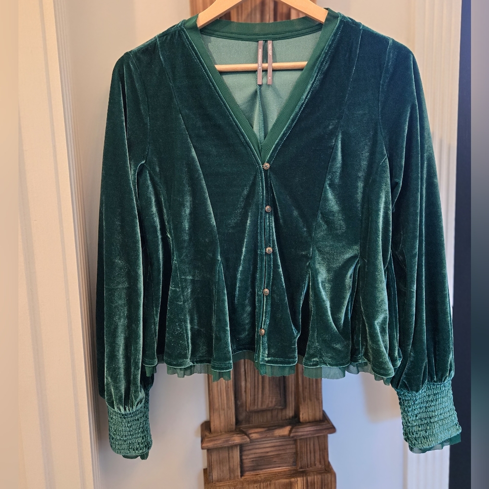 Anthropologie Emerald Green Velvet Button-Front Blouse